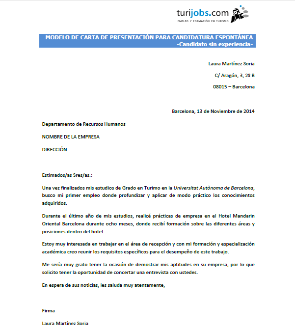 cartadepresentacinespontaneasinexperiencia  Turiconsejos