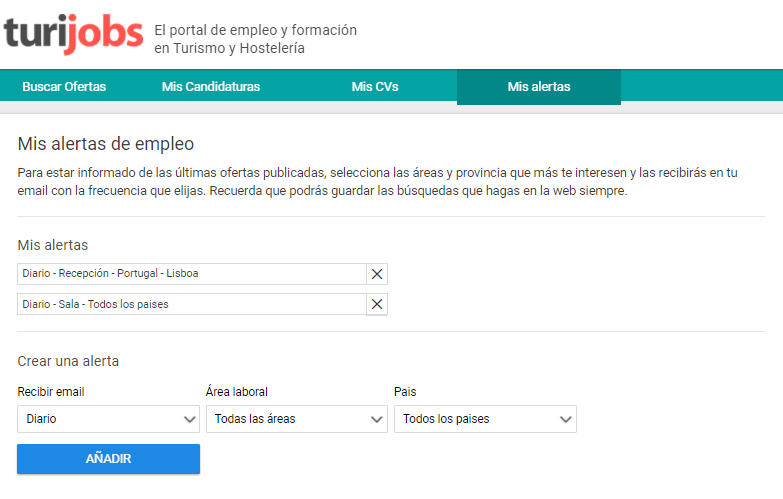 Alertas de empleo eficaces en Turijobs.