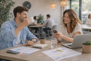 Dos compañeros de trabajo disfrutan de un descanso en una oficina moderna y luminosa, conversando relajadamente con café con jornada laboral de 35 horas.